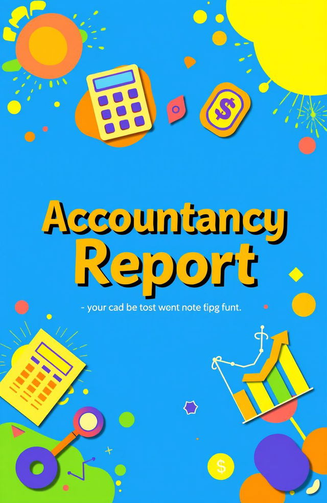 A colorful and vibrant cover page for an accountancy report, showcasing elements of finance such as calculators, balance sheets, and graphs in an artistic layout