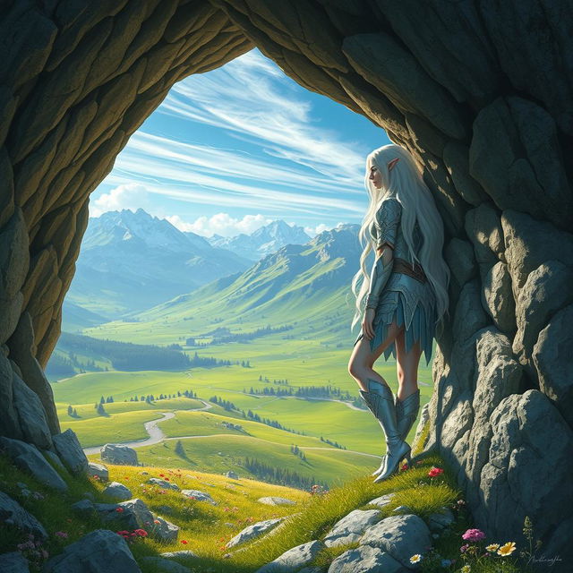 A snow elf leaning gracefully against the rugged wall of a cave entrance, gazing down from the mountaintop onto lush green meadows below