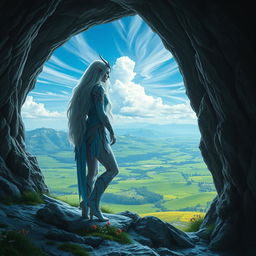 A snow elf leaning gracefully against the rugged wall of a cave entrance, gazing down from the mountaintop onto lush green meadows below