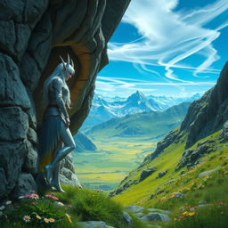 A snow elf leaning gracefully against the rugged wall of a cave entrance, gazing down from the mountaintop onto lush green meadows below