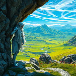 A snow elf leaning gracefully against the rugged wall of a cave entrance, gazing down from the mountaintop onto lush green meadows below