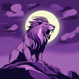 2D profile of a roaring lion on a cliff in a tattoo style, with a backdrop of a stormy purple night sky featuring a full moon and gusts of wind