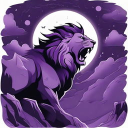 2D profile of a roaring lion on a cliff in a tattoo style, with a backdrop of a stormy purple night sky featuring a full moon and gusts of wind