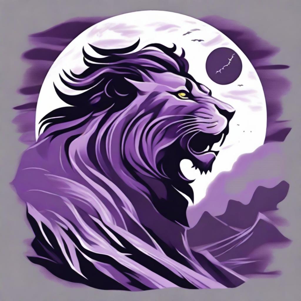 2D profile of a roaring lion on a cliff in a tattoo style, with a backdrop of a stormy purple night sky featuring a full moon and gusts of wind