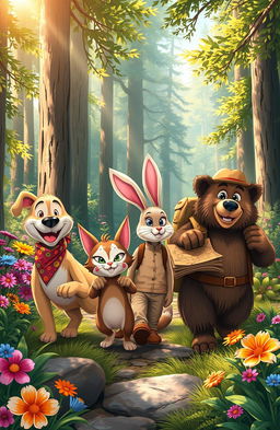 An adventurous scene featuring anthropomorphic characters, including a dog, a cat, a rabbit, and a bear
