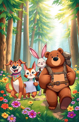 An adventurous scene featuring anthropomorphic characters, including a dog, a cat, a rabbit, and a bear