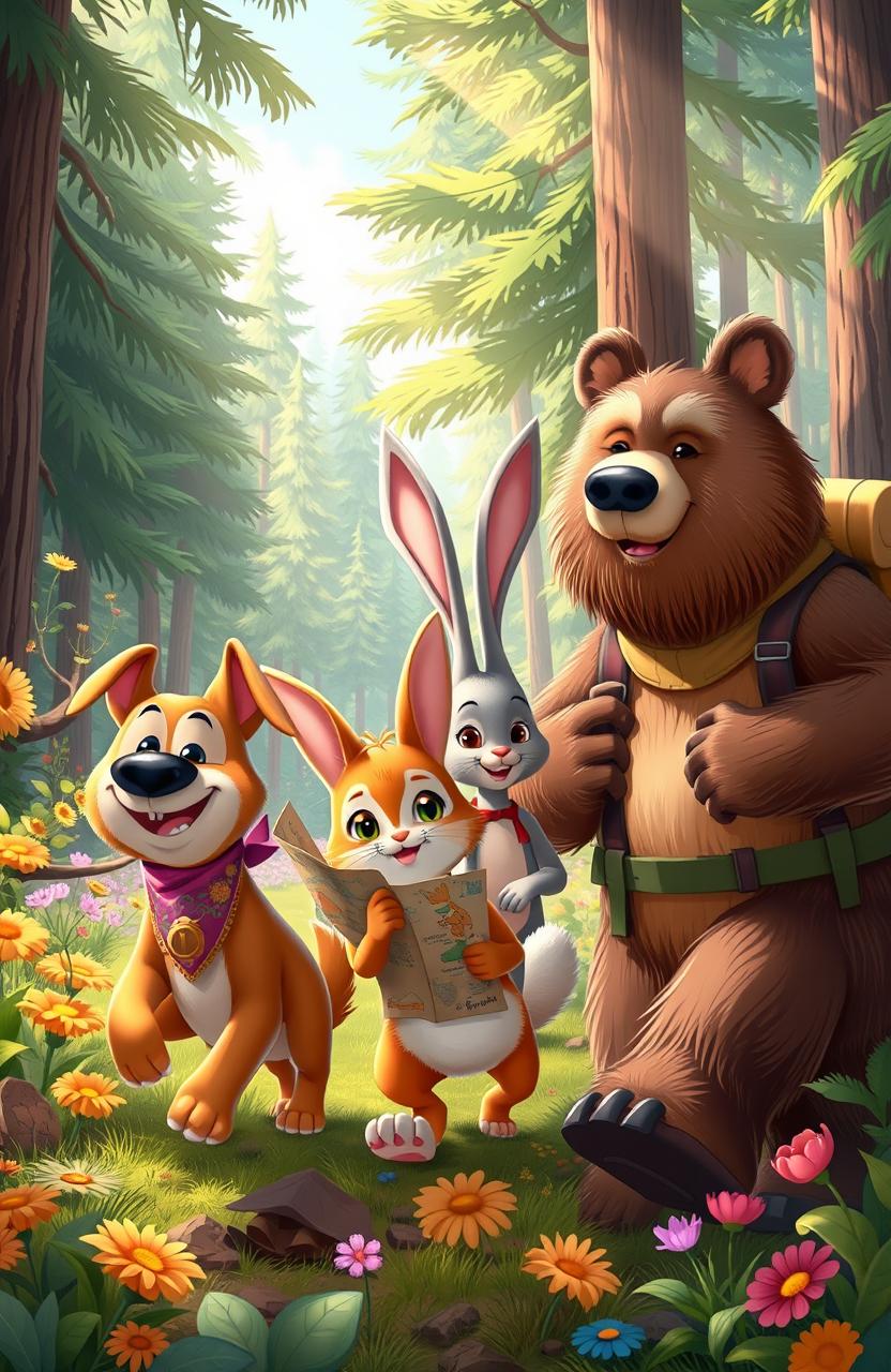 An adventurous scene featuring anthropomorphic characters, including a dog, a cat, a rabbit, and a bear