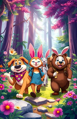 An adventurous scene featuring anthropomorphic characters, including a dog, a cat, a rabbit, and a bear