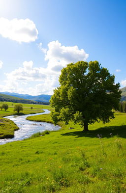 A serene and tranquil landscape depicting a lush green meadow with a sparkling river flowing through it, under a bright blue sky with fluffy white clouds