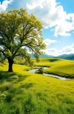 A serene and tranquil landscape depicting a lush green meadow with a sparkling river flowing through it, under a bright blue sky with fluffy white clouds