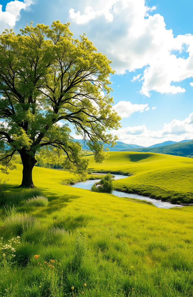 A serene and tranquil landscape depicting a lush green meadow with a sparkling river flowing through it, under a bright blue sky with fluffy white clouds