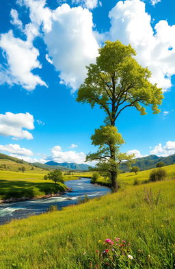 A serene and tranquil landscape depicting a lush green meadow with a sparkling river flowing through it, under a bright blue sky with fluffy white clouds