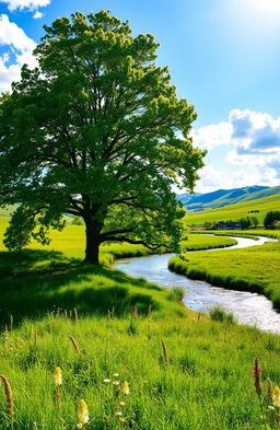 A serene and tranquil landscape depicting a lush green meadow with a sparkling river flowing through it, under a bright blue sky with fluffy white clouds