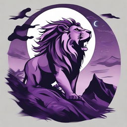 2D profile of a roaring lion on a cliff in a tattoo style, with a backdrop of a stormy purple night sky featuring a full moon and gusts of wind