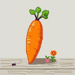 A pixel art style representation of a bright orange carrot, detailed with green leafy top, standing upright on a simple textured wooden table