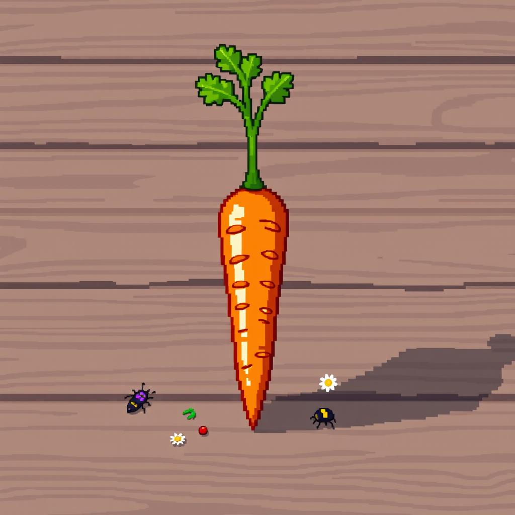 A pixel art style representation of a bright orange carrot, detailed with green leafy top, standing upright on a simple textured wooden table