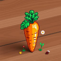 A pixel art style representation of a bright orange carrot, detailed with green leafy top, standing upright on a simple textured wooden table