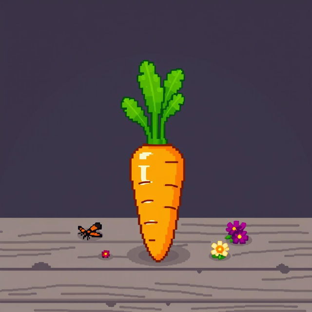 A pixel art style representation of a bright orange carrot, detailed with green leafy top, standing upright on a simple textured wooden table