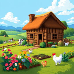 A charming pixel art farmer's cottage surrounded by a lush farm landscape