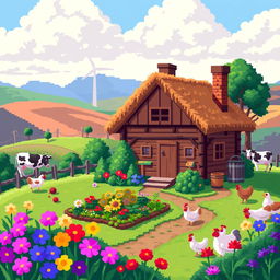 A charming pixel art farmer's cottage surrounded by a lush farm landscape