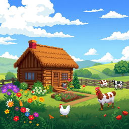 A charming pixel art farmer's cottage surrounded by a lush farm landscape