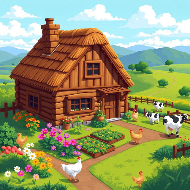 A charming pixel art farmer's cottage surrounded by a lush farm landscape