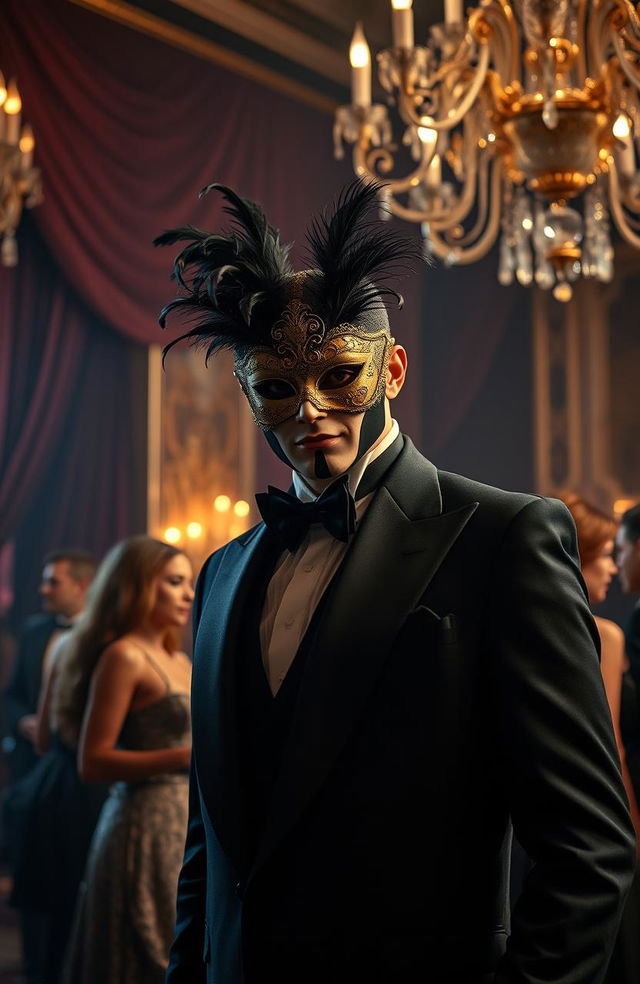 A dramatic scene featuring a mysterious billionaire wearing an elegant mask at an upscale masquerade ball