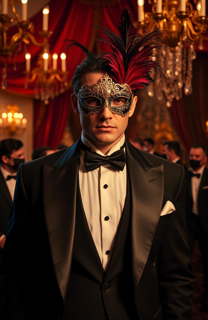 A dramatic scene featuring a mysterious billionaire wearing an elegant mask at an upscale masquerade ball