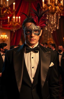 A dramatic scene featuring a mysterious billionaire wearing an elegant mask at an upscale masquerade ball