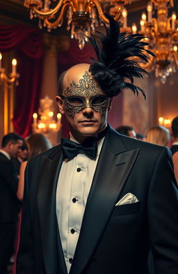 A dramatic scene featuring a mysterious billionaire wearing an elegant mask at an upscale masquerade ball