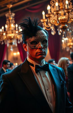 A dramatic scene featuring a mysterious billionaire wearing an elegant mask at an upscale masquerade ball