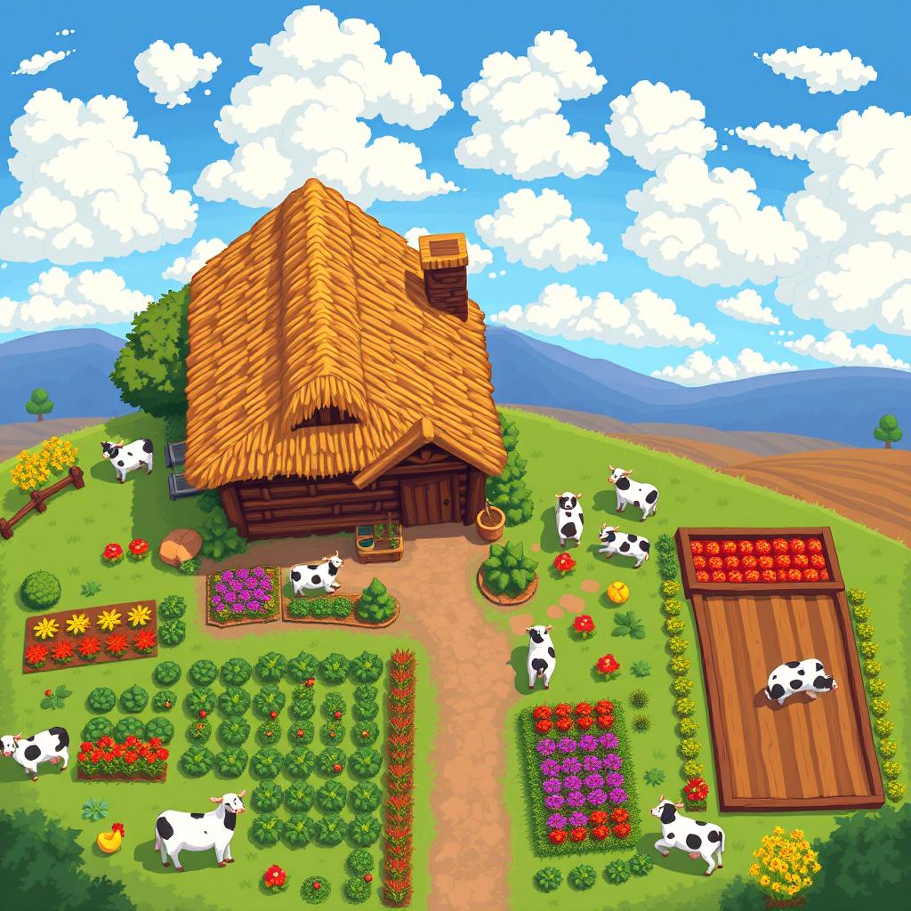 A charming pixel art farmer's cottage viewed from above, showcasing a top-down perspective