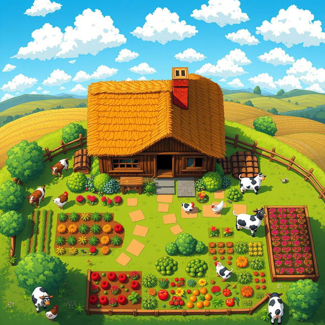 A charming pixel art farmer's cottage viewed from above, showcasing a top-down perspective