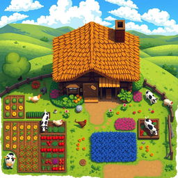 A charming pixel art farmer's cottage viewed from above, showcasing a top-down perspective