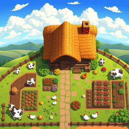 A charming pixel art farmer's cottage viewed from above, showcasing a top-down perspective