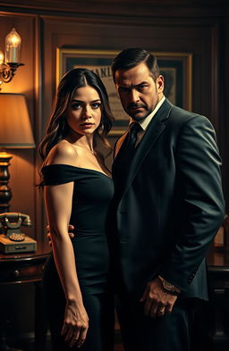 A dramatic scene depicting a mafia husband and his wife in an intense moment of tension