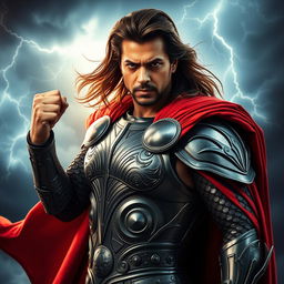 A dramatic portrayal of Shahrukh Khan wearing an armor inspired by Thor, complete with a flowing red cape and intricate details reminiscent of Norse mythology
