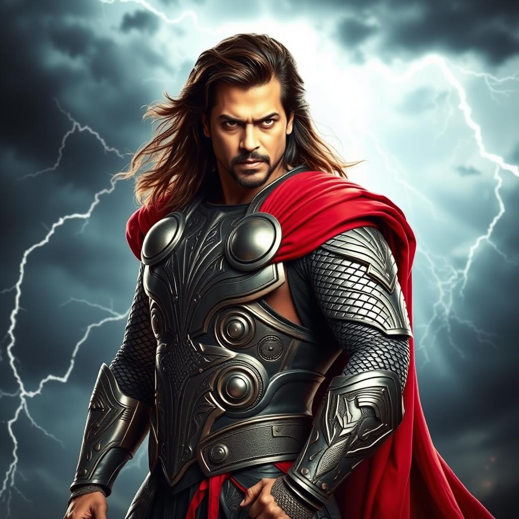 A dramatic portrayal of Shahrukh Khan wearing an armor inspired by Thor, complete with a flowing red cape and intricate details reminiscent of Norse mythology