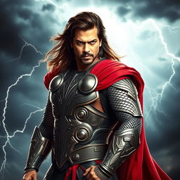 A dramatic portrayal of Shahrukh Khan wearing an armor inspired by Thor, complete with a flowing red cape and intricate details reminiscent of Norse mythology