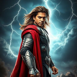 A dramatic portrayal of Shahrukh Khan wearing an armor inspired by Thor, complete with a flowing red cape and intricate details reminiscent of Norse mythology