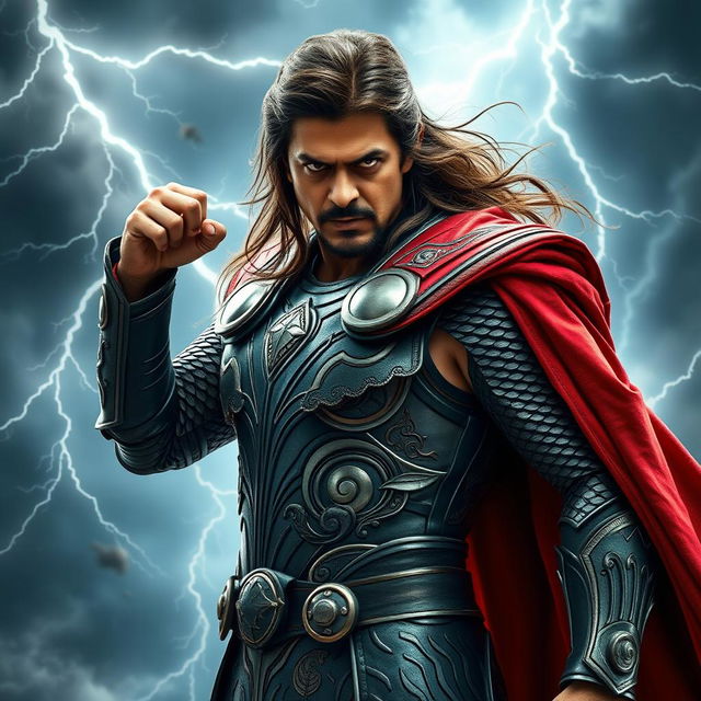 A dramatic portrayal of Shahrukh Khan wearing an armor inspired by Thor, complete with a flowing red cape and intricate details reminiscent of Norse mythology