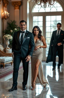 A luxurious scene featuring a glamorous wife with an elegant appearance, standing beside her billionaire husband who has a suspicious smile