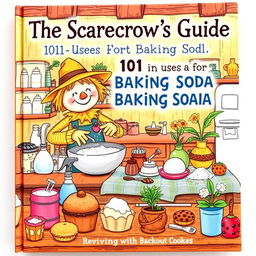 A charming book cover for 'The Scarecrow's Guide: 101 Uses for Baking Soda', featuring an animated scarecrow happily working in a rustic kitchen surrounded by various baking soda uses