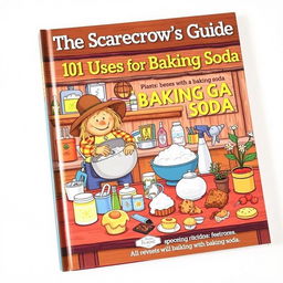 A charming book cover for 'The Scarecrow's Guide: 101 Uses for Baking Soda', featuring an animated scarecrow happily working in a rustic kitchen surrounded by various baking soda uses