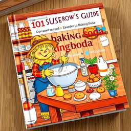 A charming book cover for 'The Scarecrow's Guide: 101 Uses for Baking Soda', featuring an animated scarecrow happily working in a rustic kitchen surrounded by various baking soda uses