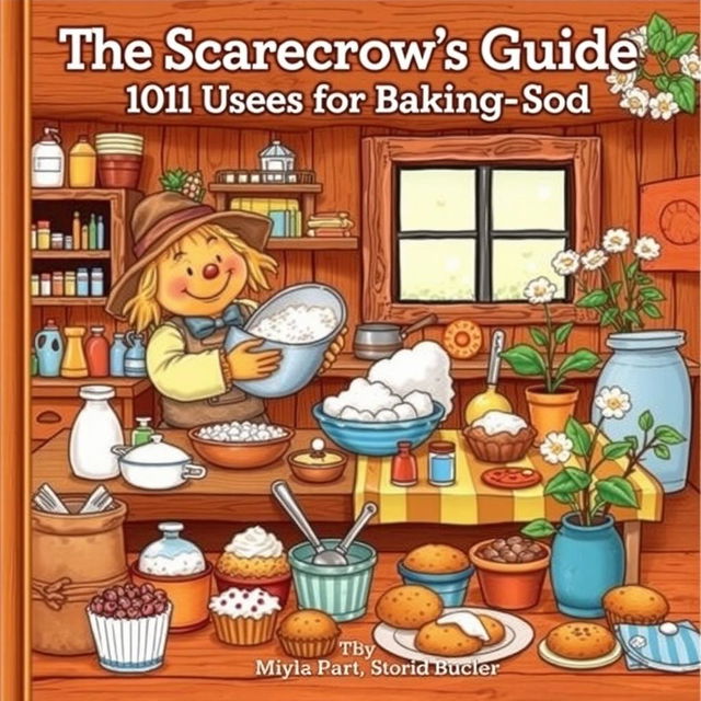 A charming book cover for 'The Scarecrow's Guide: 101 Uses for Baking Soda', featuring an animated scarecrow happily working in a rustic kitchen surrounded by various baking soda uses