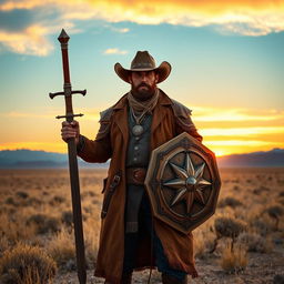 A heroic cowboy paladin standing tall in a vast, open desert landscape