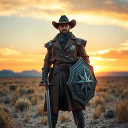 A heroic cowboy paladin standing tall in a vast, open desert landscape