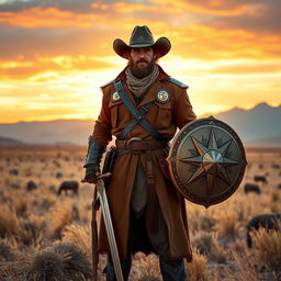 A heroic cowboy paladin standing tall in a vast, open desert landscape