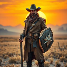 A heroic cowboy paladin standing tall in a vast, open desert landscape